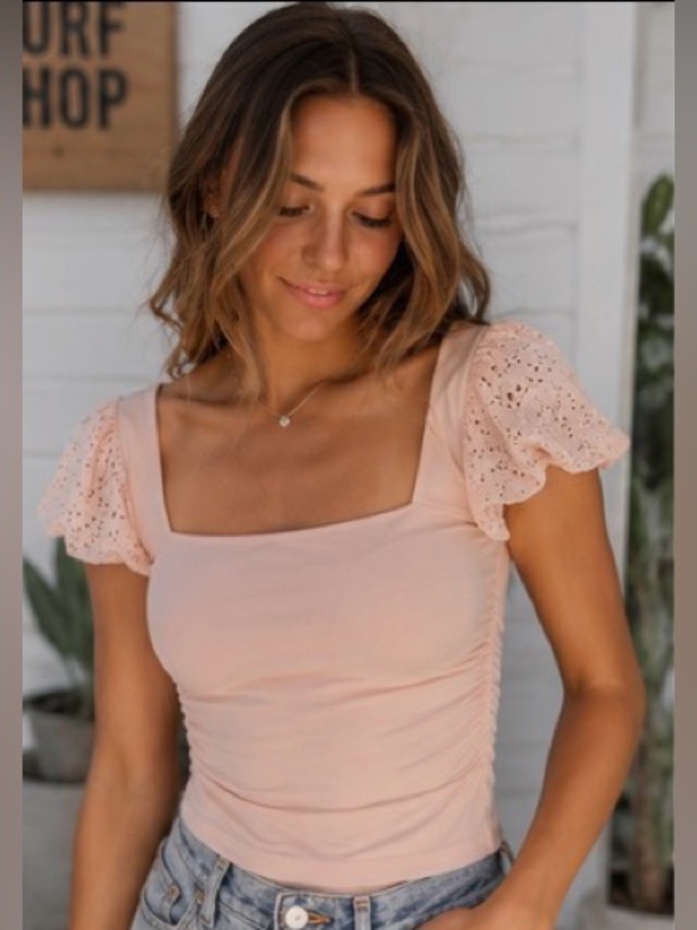 Express Blush Pink Eyelet Puff Sleeve Top - Picture 2 of 5